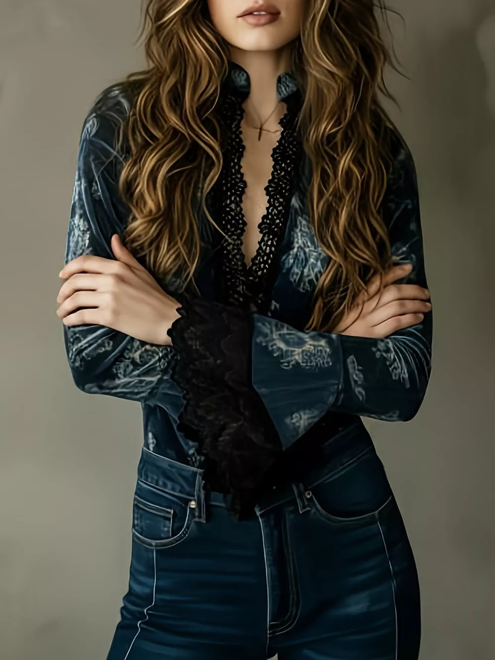 Lace Trim Flare Sleeves Blouse, image 2