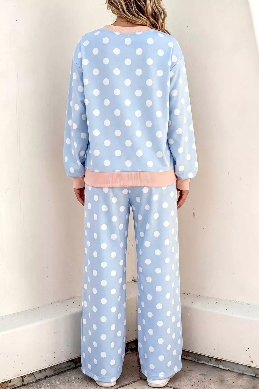 Polka Dot Contrast Trim Long Sleeve Top Drawstring Shift Pants Set, image 3