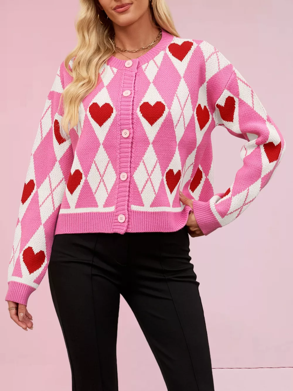 Heart Pattern Button-Up Cardigan, image 4