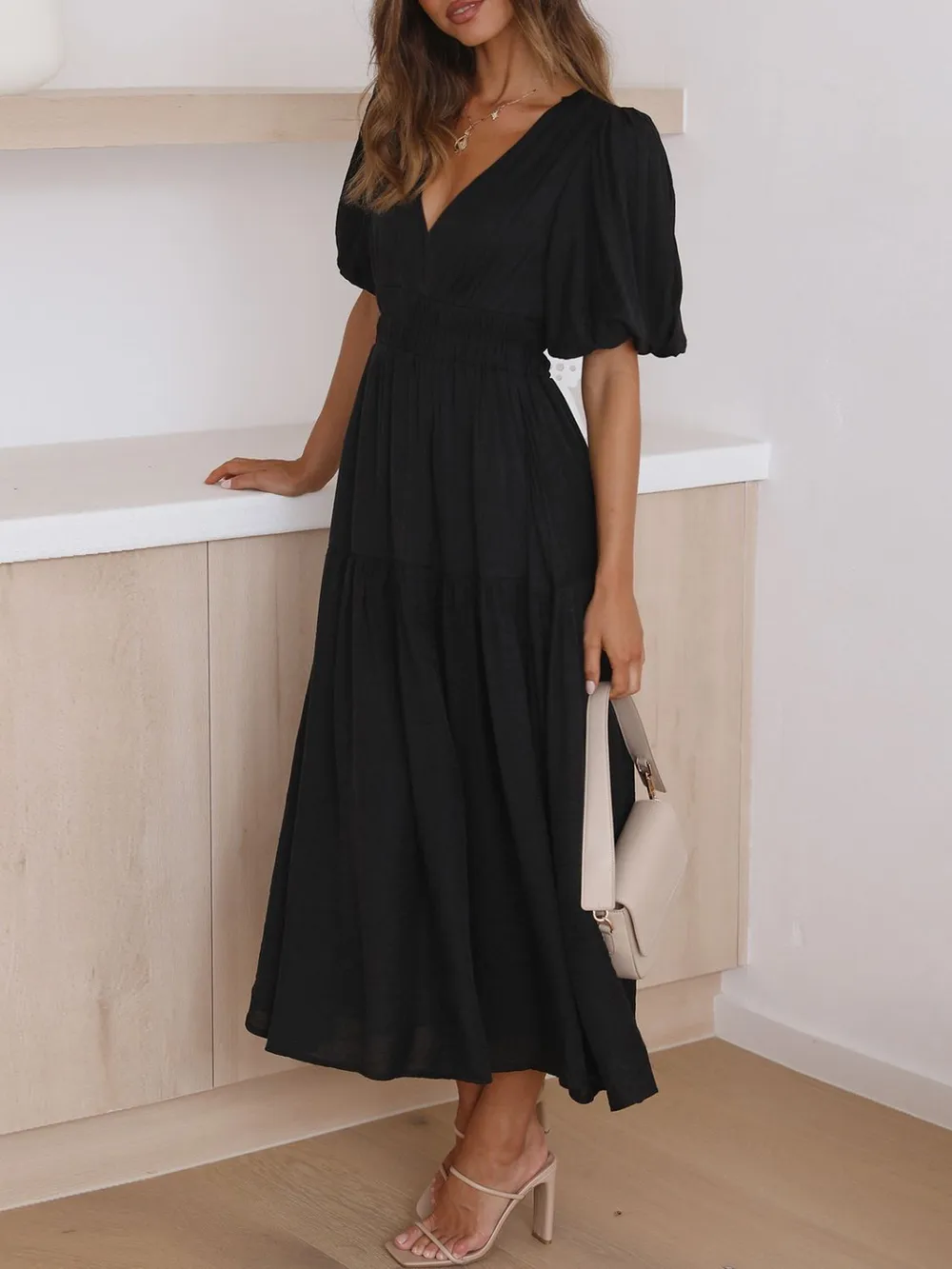 V-Neck Puff Sleeve Midi Dress, image 16