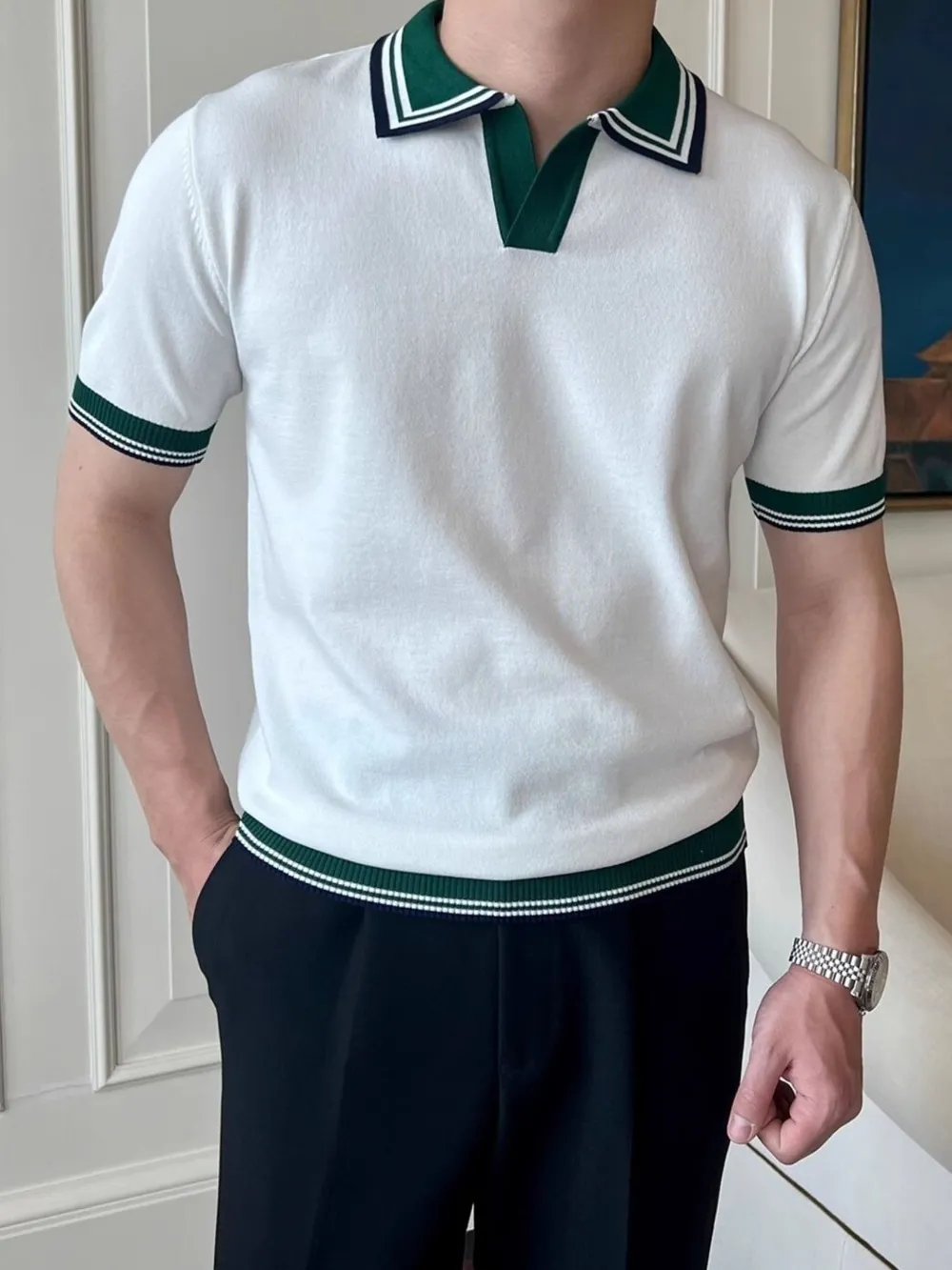 Men's Plus Size Classic Striped Collar Knit Polo Shirt, image 7