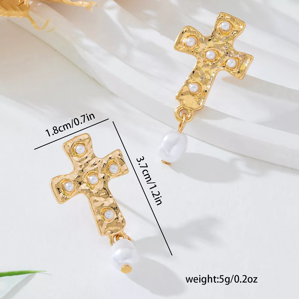 18K Gold-Plated Synthetic Pearl Cross Drop Earrings, image 2