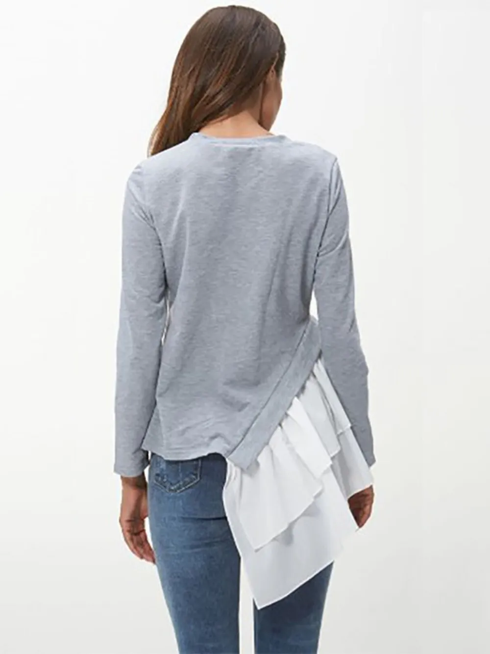 Tiered Contrast Round Neck Long Sleeve T-Shirt, image 6