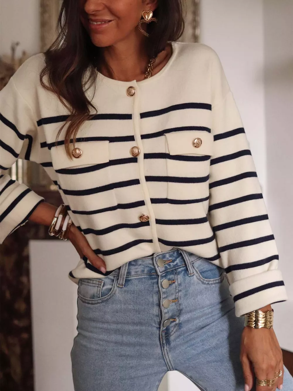 Striped Button-Front Cardigan, image 5