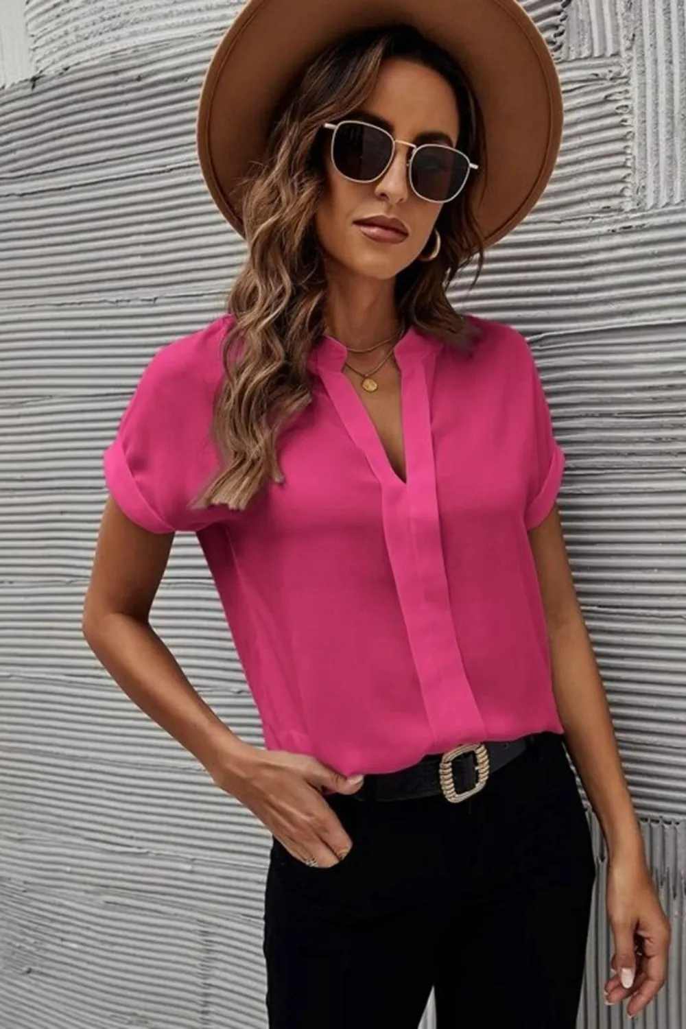 Full Size Notched Short Sleeve Blouse, image 12