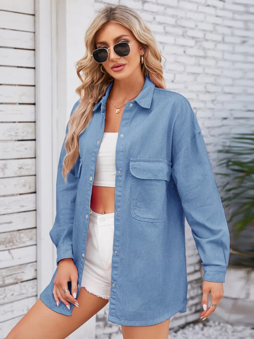 Pocketed Snap Down Dropped Shoulder Denim Shacket, image 5