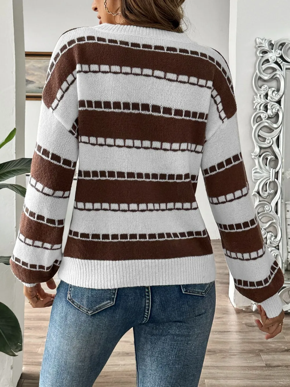 Striped Round Neck Long Sleeve Sweater, image 3