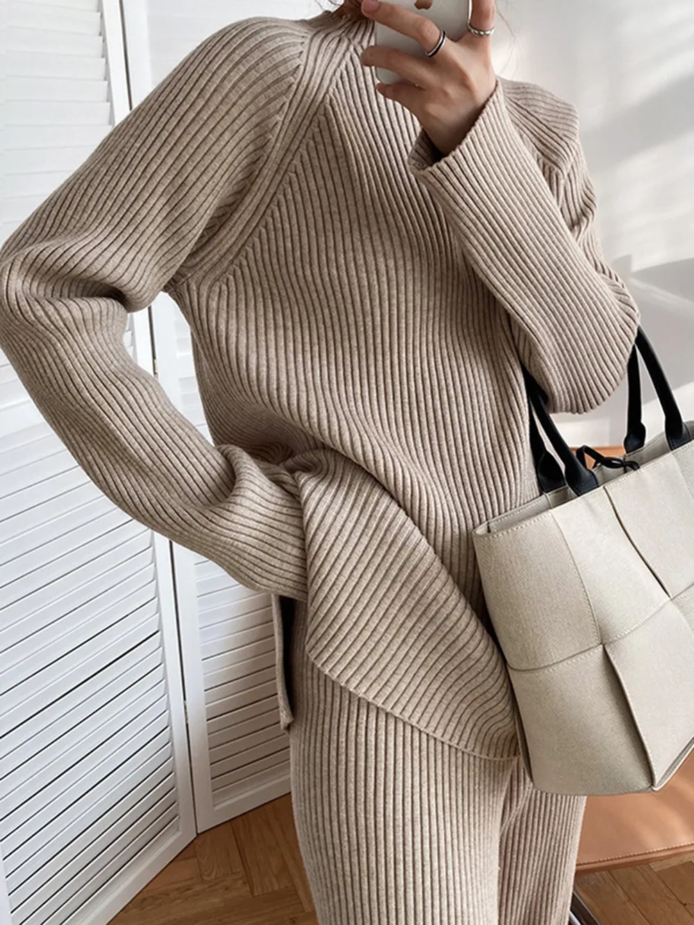 Mock Neck Raglan Sleeve Top and Pants Sweater Set, image 2