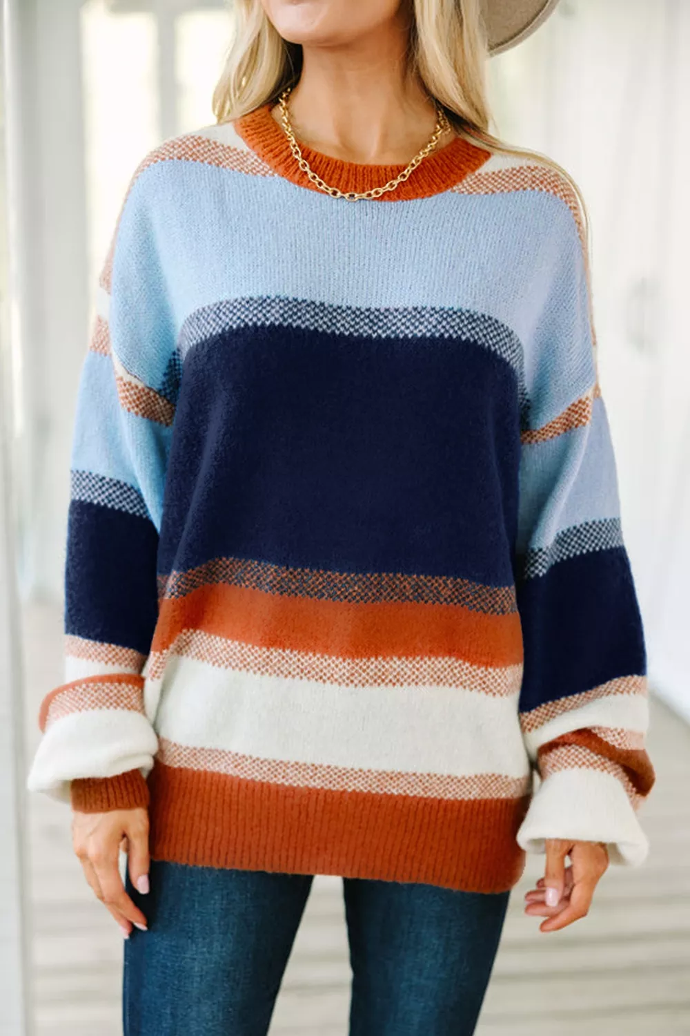 Color Block Round Neck Tunic Sweater
