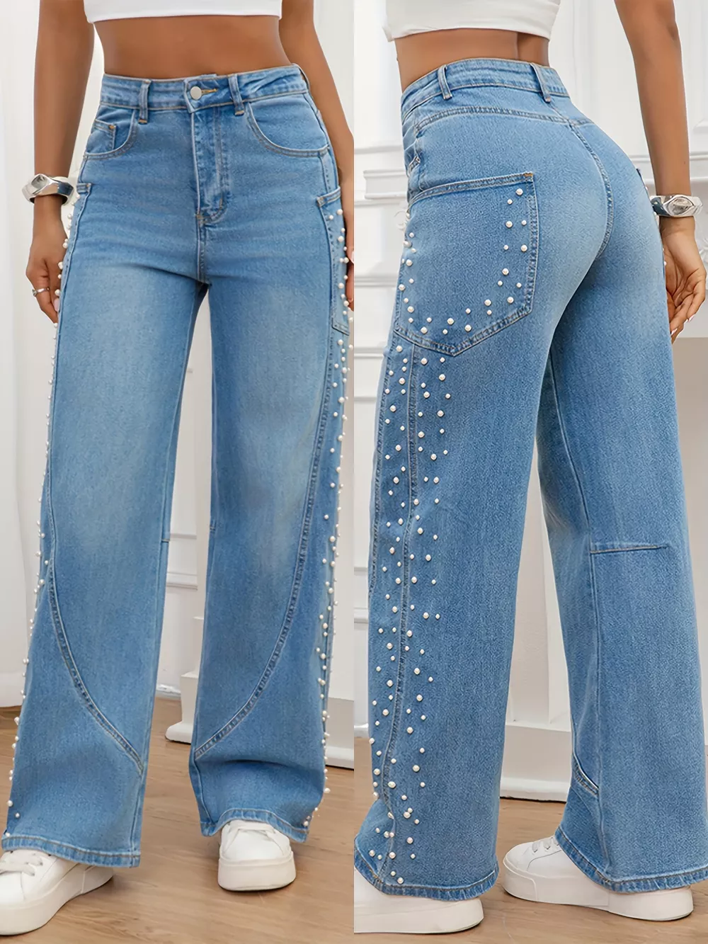 Pearl Embellished Wide Leg Jeans, image 5
