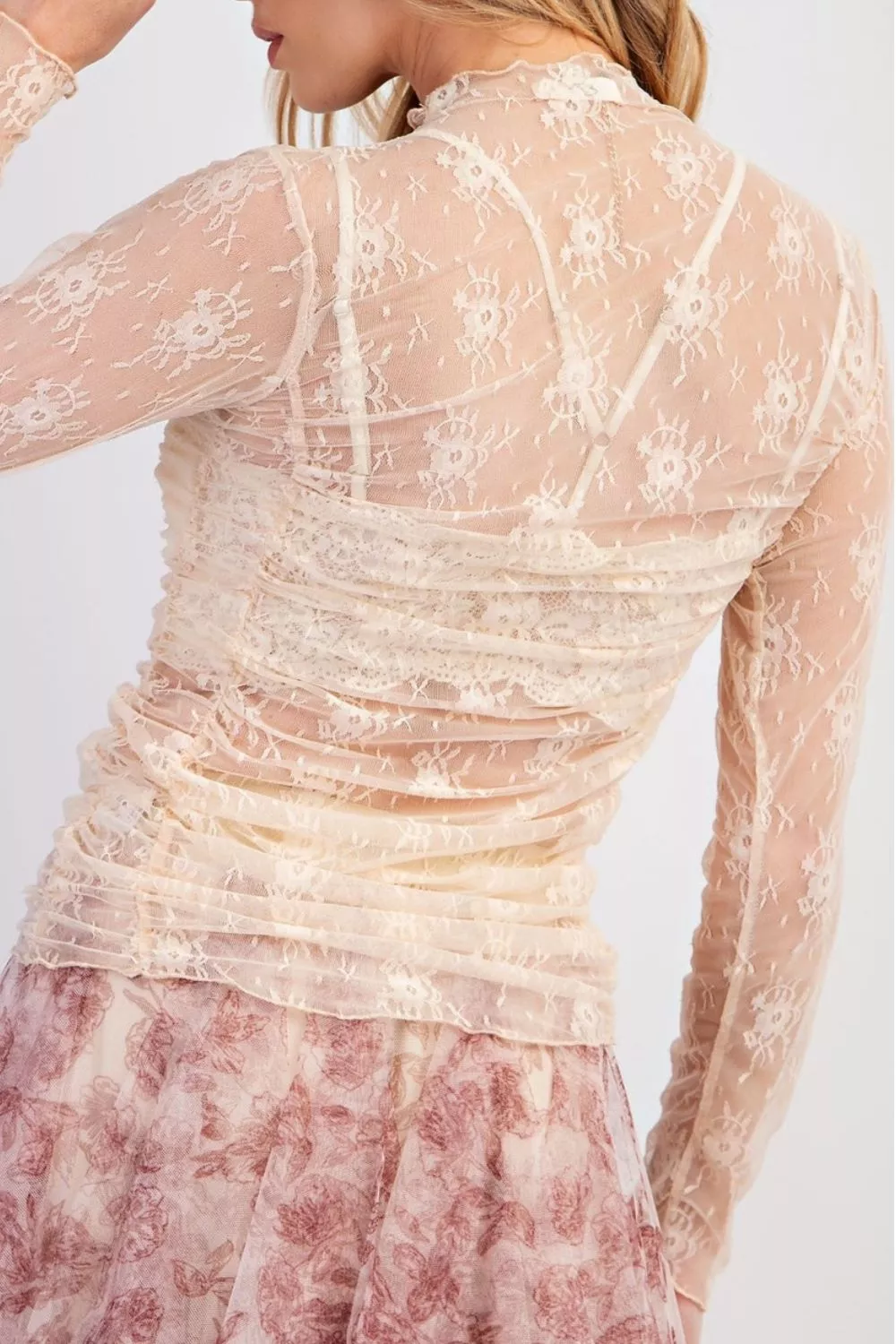 Sheer Floral Mesh Ruched Long Sleeve Top, image 4