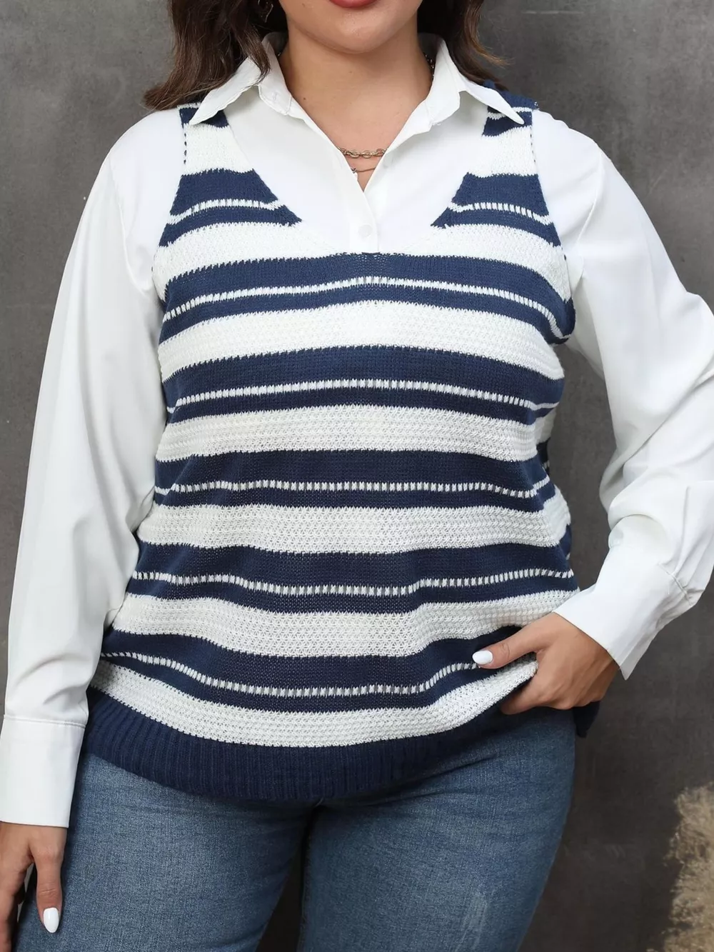 Plus Size Striped V-Neck Knit Sweater Vest, image 2
