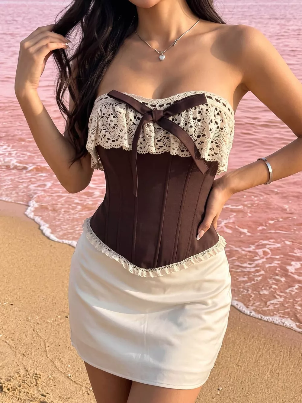 Crochet Lace Strapless Boned Corset Lace‑Up Waist Cincher Tube Top, image 5