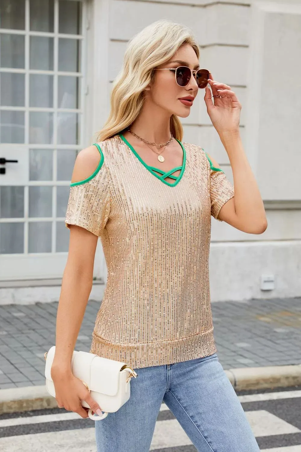 Sequin Crisscross V-Neck Cold Shoulder Blouse, image 15