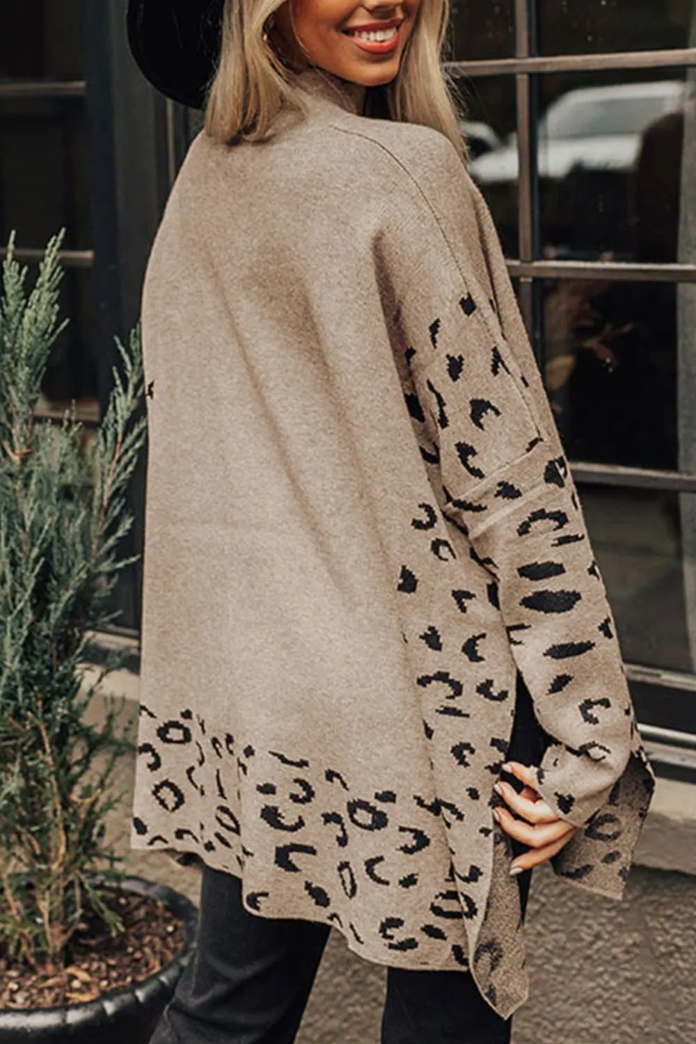 Slit Leopard Mock Neck Dropped Shoulder Sweater, image 11
