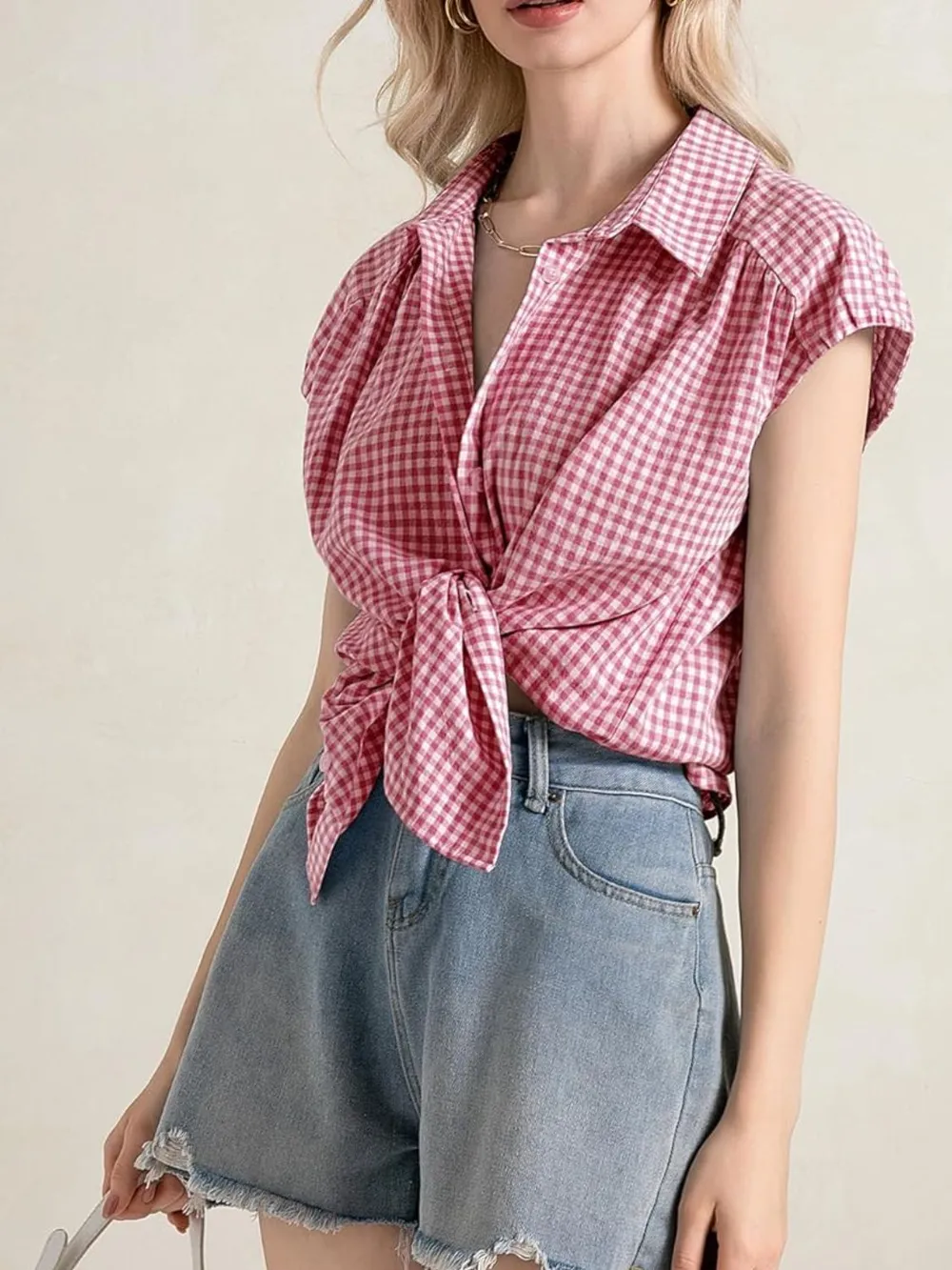 Plaid Button Up Cap Sleeve Shirt, image 24