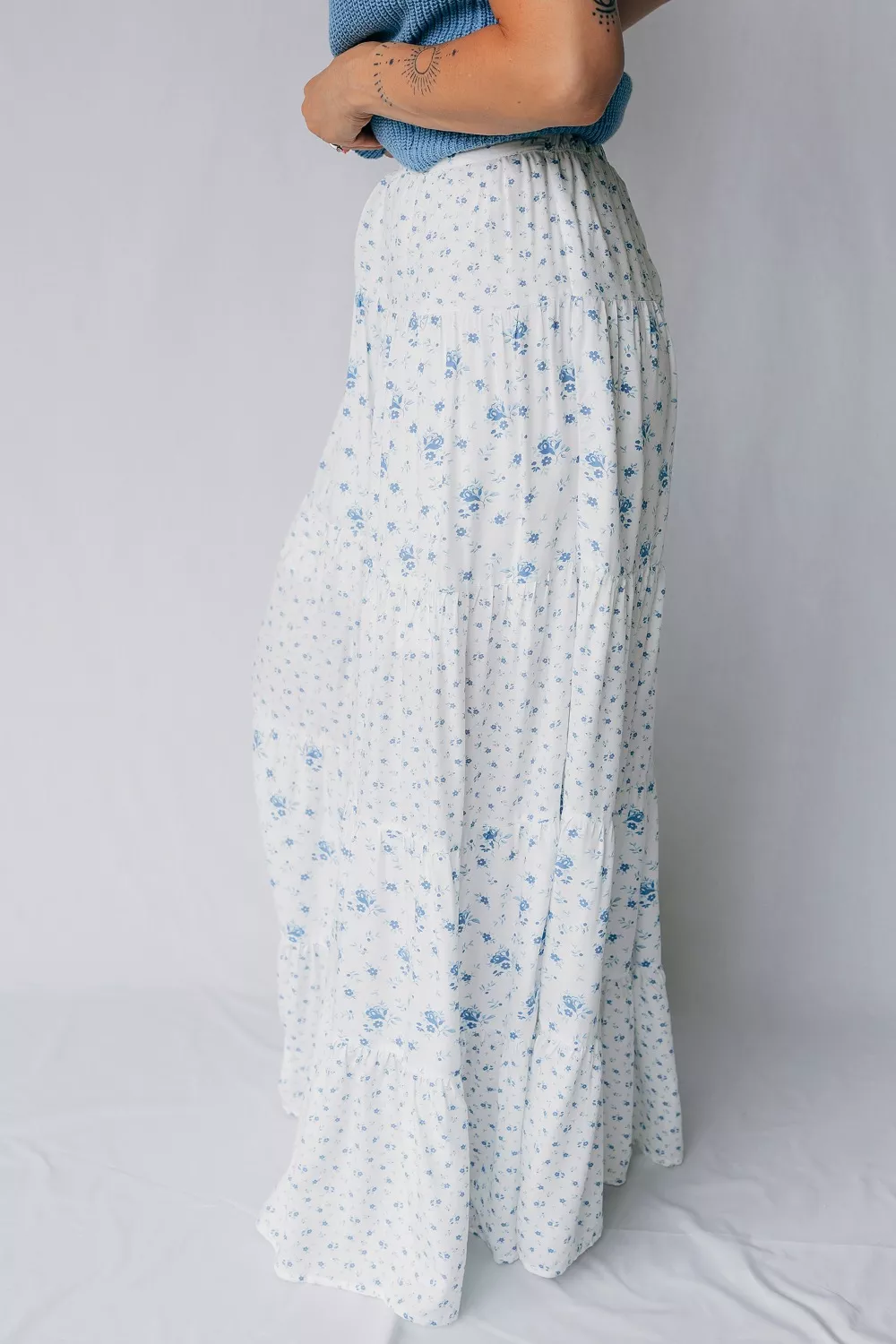 High Waist Tiny Floral Print Boho Maxi Skirt, image 6
