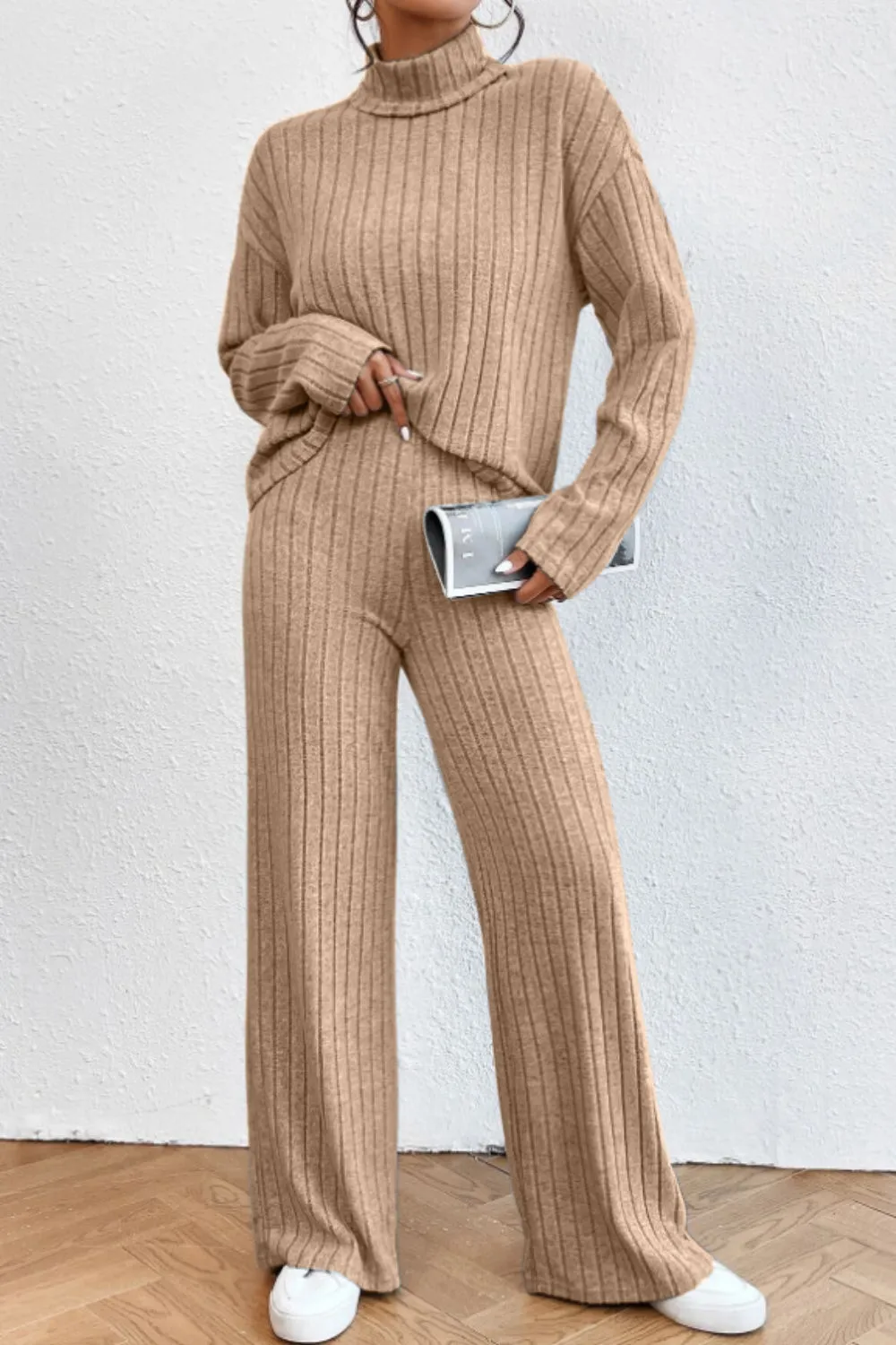 Mock Neck Dropped Shoulder Top and Pants Set, image 17