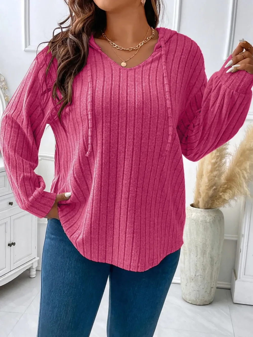 Plus Size Drawstring Dropped Shoulder Hooded T-Shirt, image 7