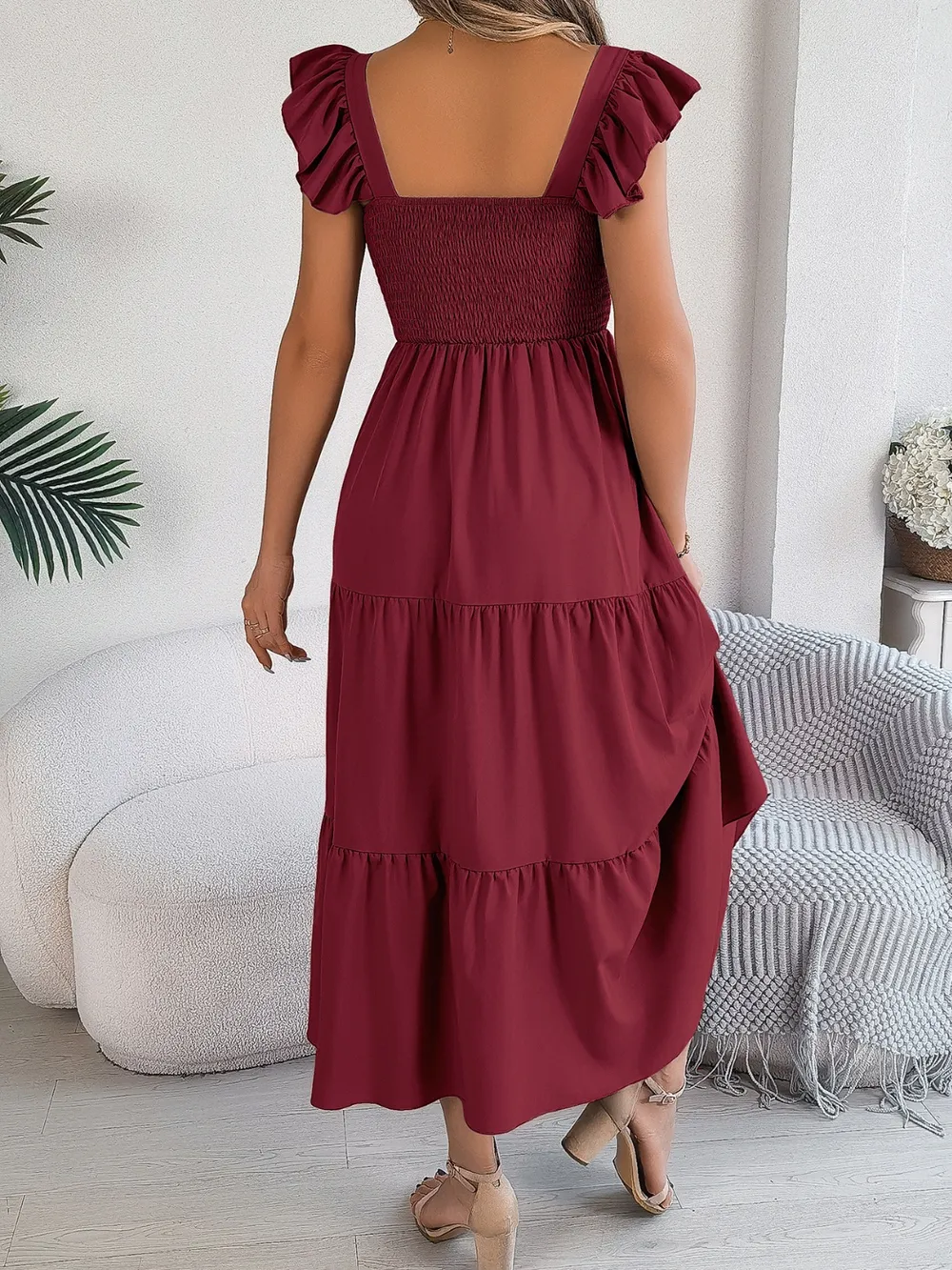 Smocked Square Neck Cap Sleeve Midi Dress, image 15