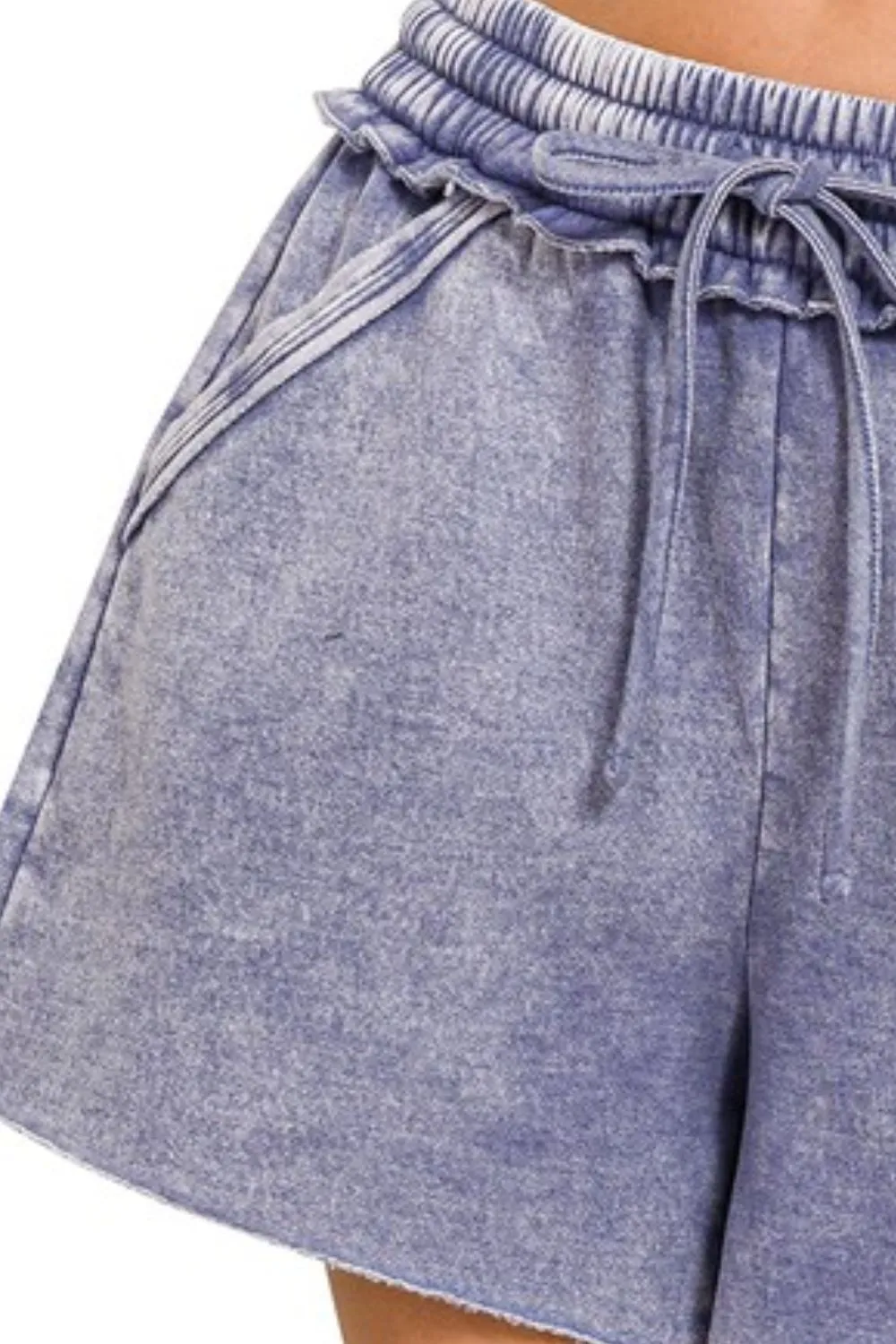 Acid Wash Fleece Drawstring Shorts With Pockets, image 2