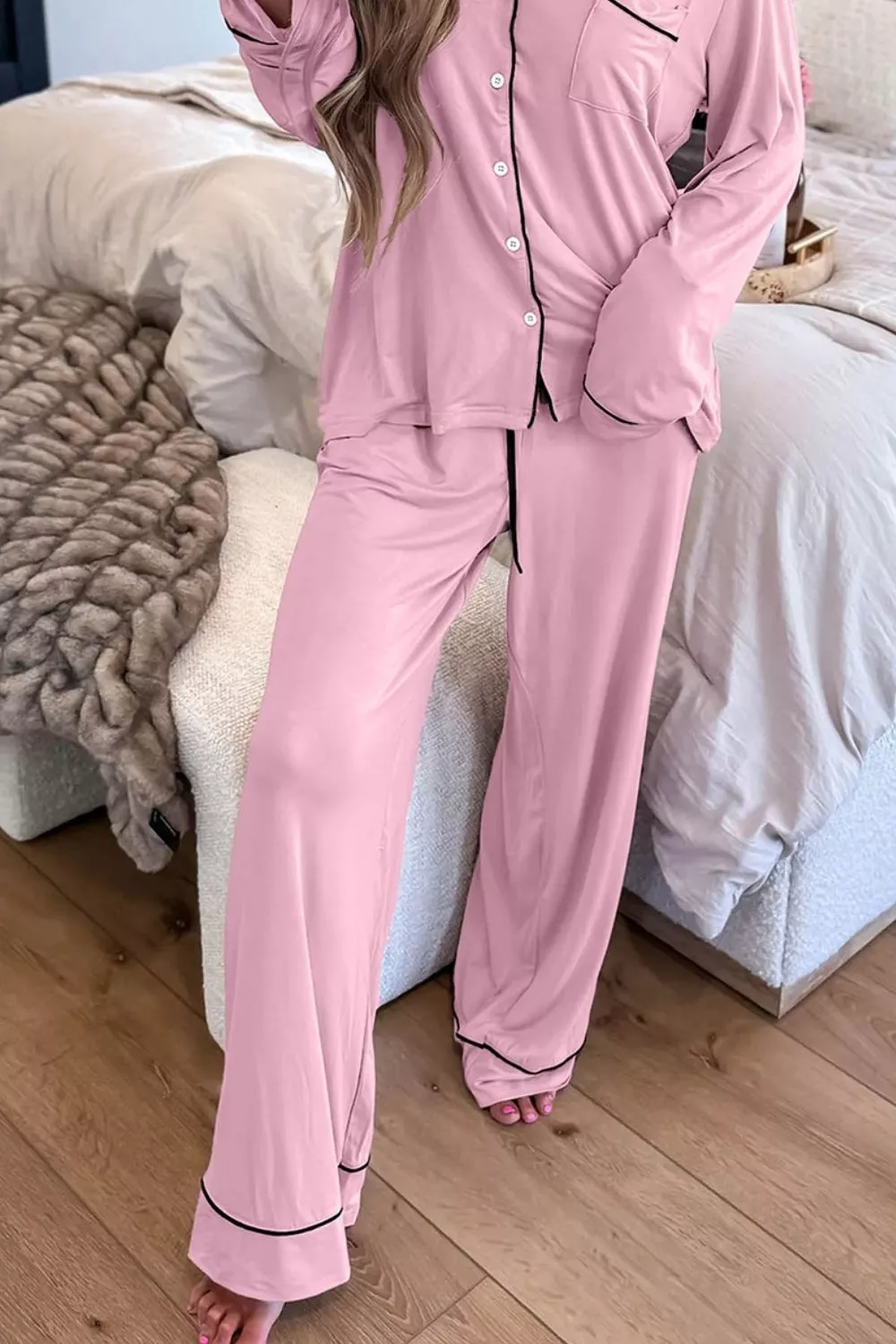 Contrast Trim Button Up Top and Pants Set, image 3