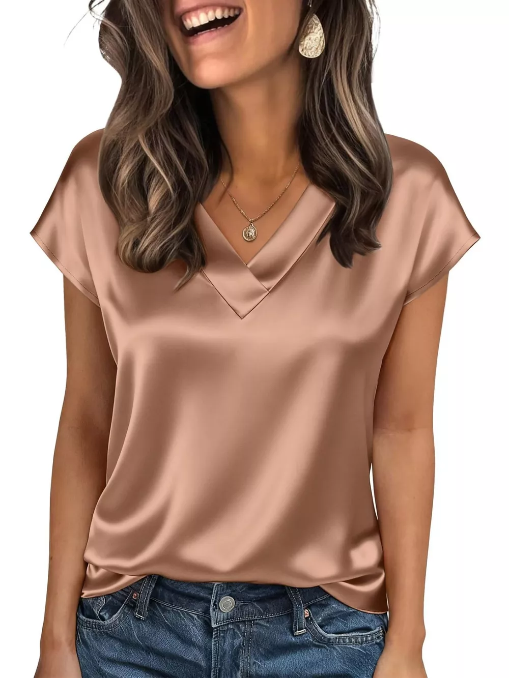 Satin V-Neck Cap Sleeve Blouse, image 6