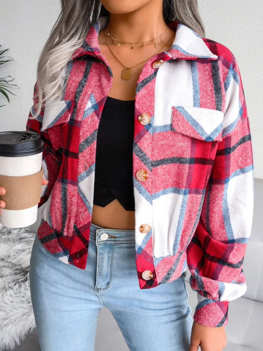 Plaid Collared Neck Long Sleeve Jacket, image 19