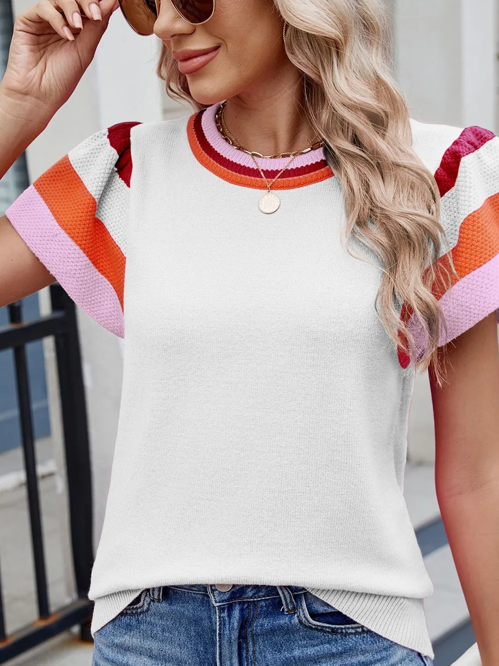 Colorblock Striped Short Sleeve Sweater, image 18