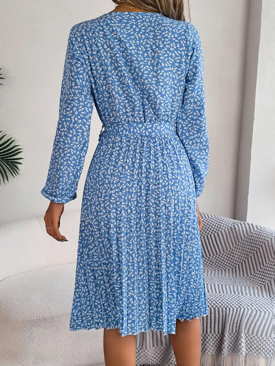 Ditsy Floral Tie Waist Pleated Dress, image 3
