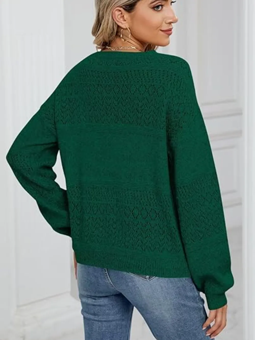 Eyelet V-Neck Long Sleeve Sweater, image 5
