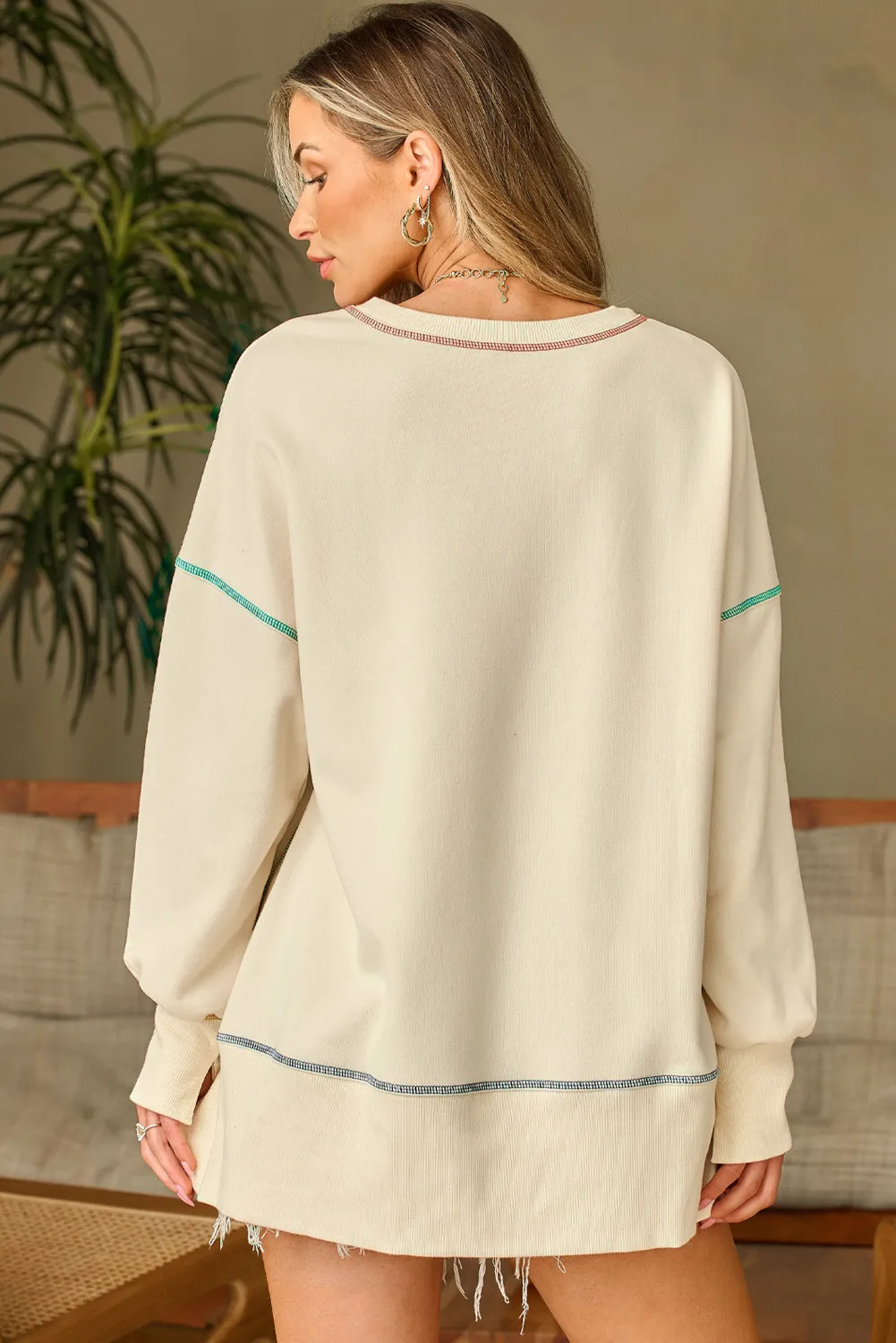 High-Low Contrast Stitching Round Neck Sweatshirt, image 4