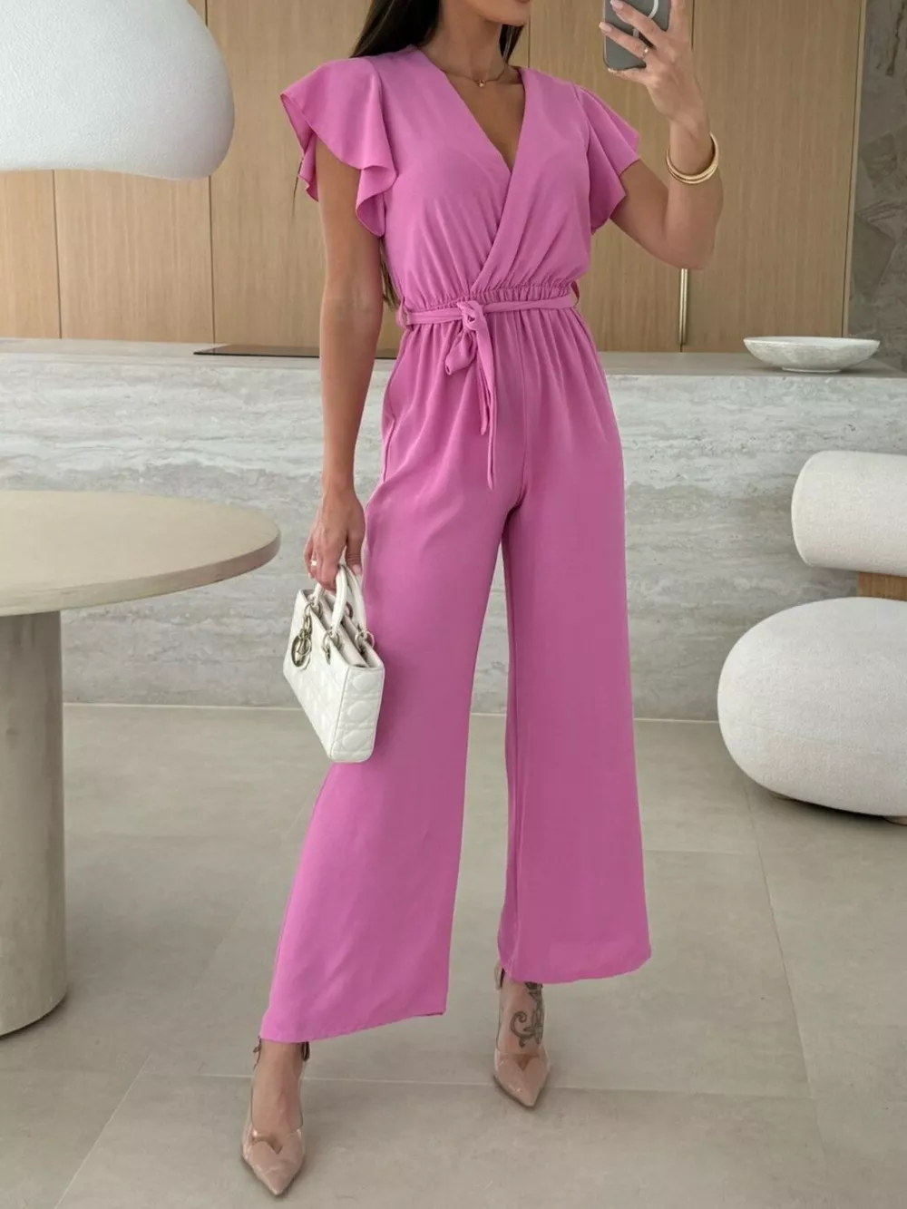 Surplice Ruffle Sleeve Wide Leg Jumpsuit