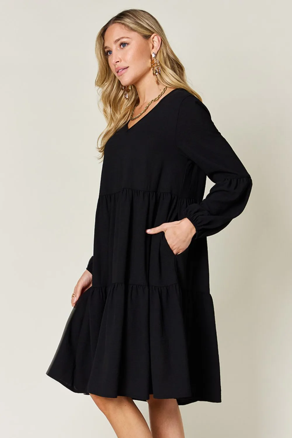 Full Size V-Neck Balloon Sleeve Tiered Dress with Pockets, image 14