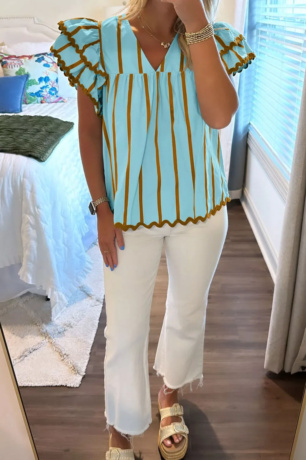 Stripe Ricrac Trim Double Ruffled Short Sleeve V Neck Blouse, image 2