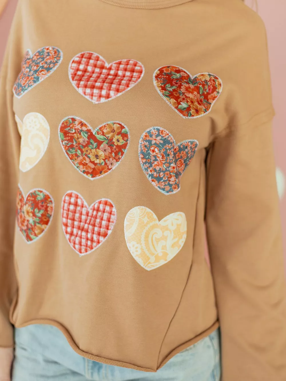 Plaid Floral Heart Stitched Exposed Seam Mineral Wash Sweatshirt, image 5