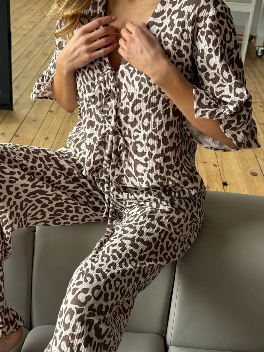 Leopard Print Ruffle Trim and Pants Lounge Set, image 2