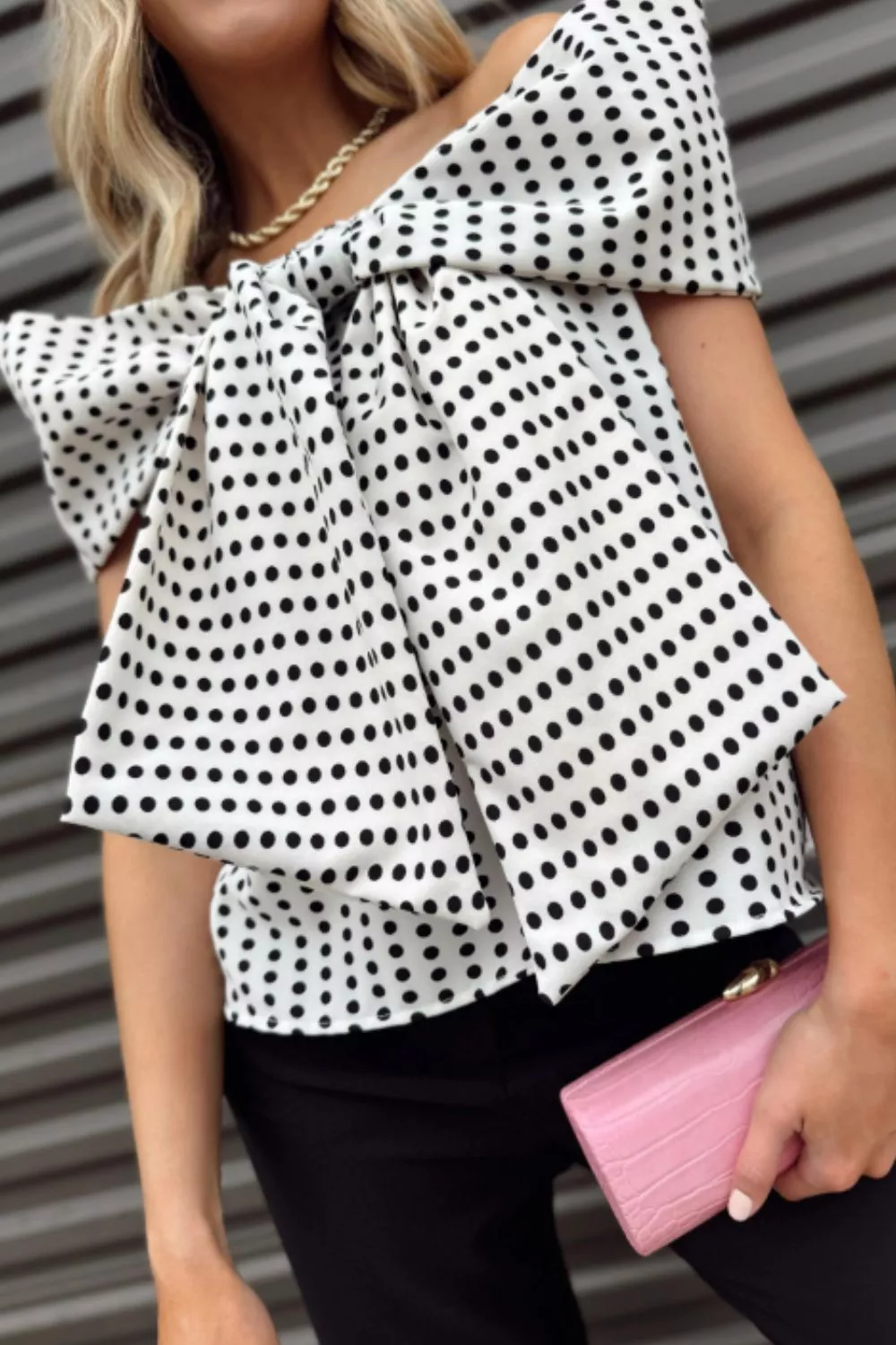 Polka Dot Off Shoulder Bow Knot Short Sleeve Blouse, image 3