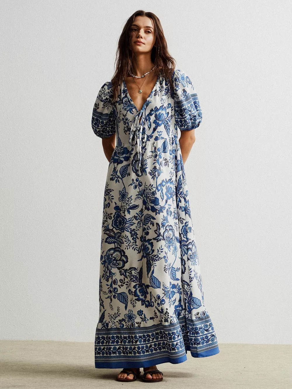 Floral Print Tie-Neck Puff Sleeve Maxi Dress, image 4