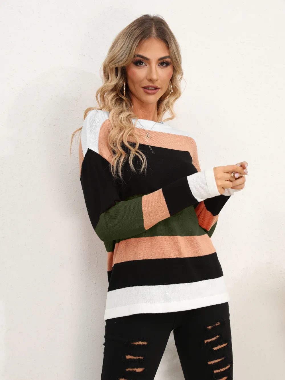Striped Round Neck Dropped Shoulder Sweater, image 28