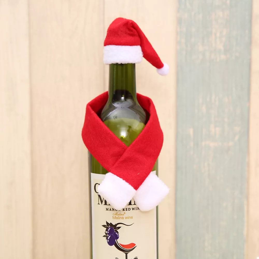 2 Piece Christmas Wine Bottle Santa Hat & Scarf Decorative Covers, image 3
