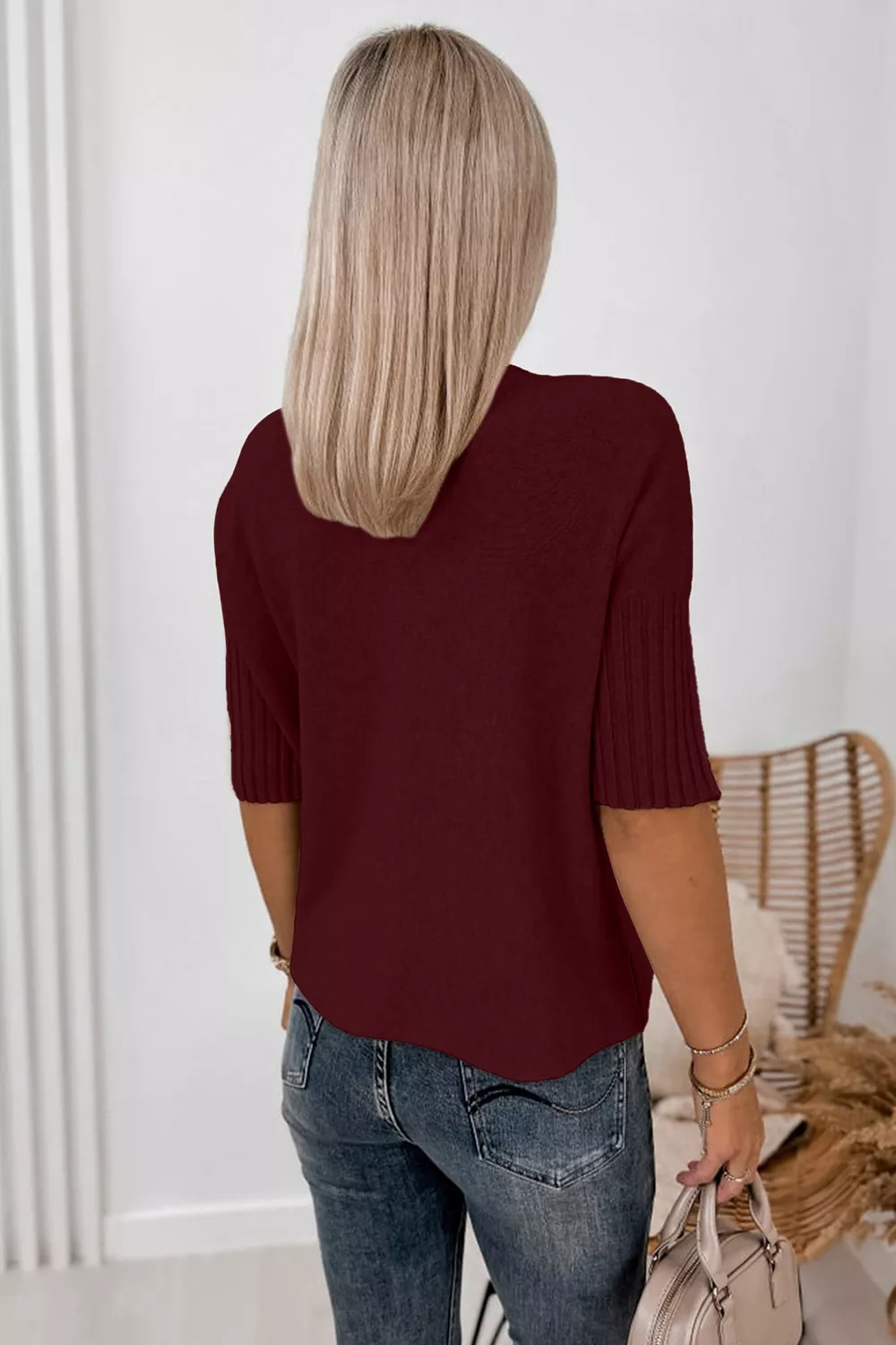 Mock Neck Half Sleeve Ribbed Sweater, image 2
