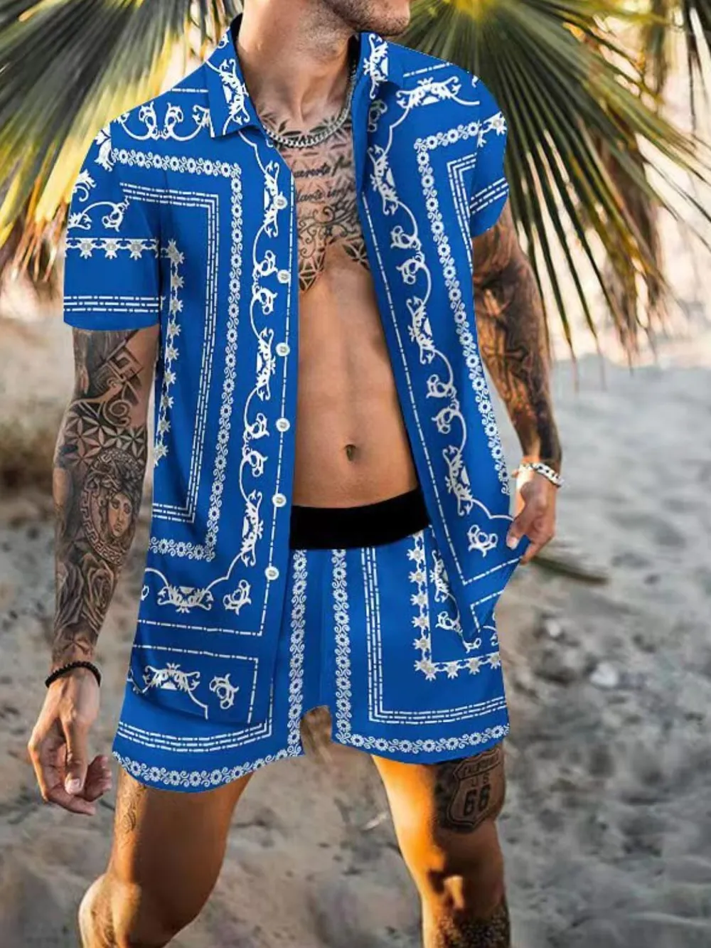 Men's Full Size Printed Collared Neck Short Sleeve Top and Shorts Set Plus Size, image 3