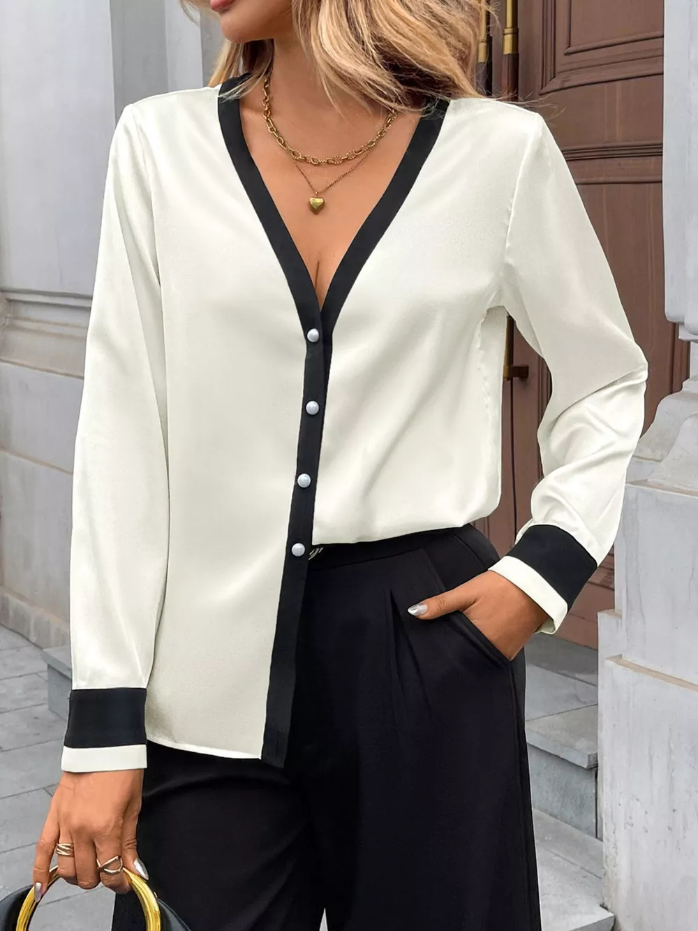 Contrast Trim V-Neck Blouse, image 5
