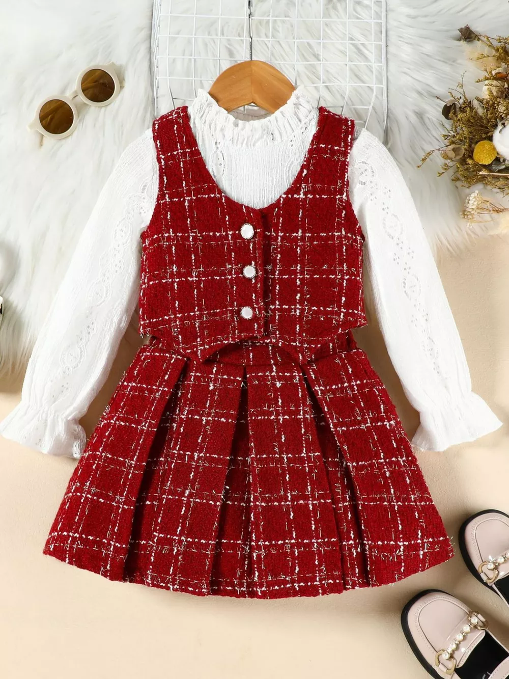 Children's Long Sleeve Top & Plaid Vest & Pleated Skirt Set, image 8