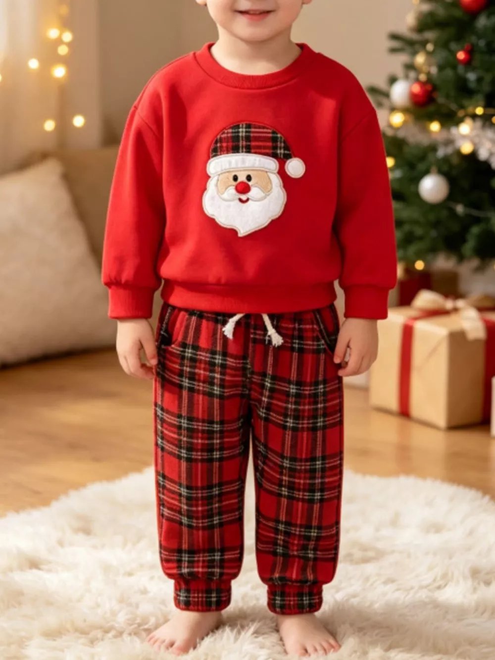 Children's Christmas Santa Claus Graphic Sweatshirt and Plaid Pants Set