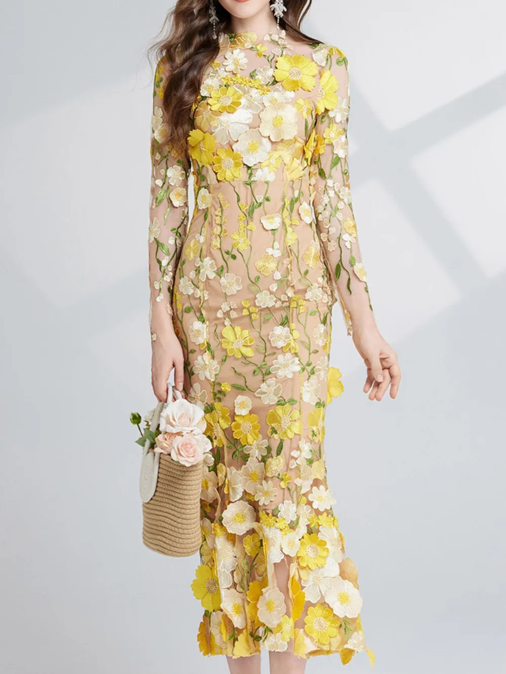 Floral Embroidered Mesh Long Sleeve Midi Dress, image 14