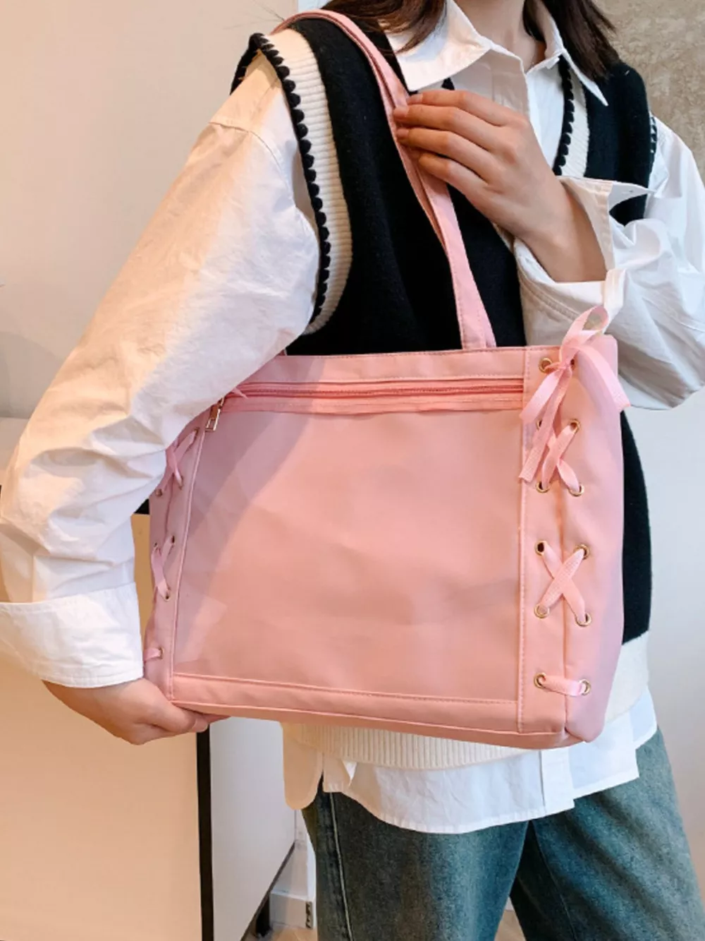 Lace-Up Trim Clear Panel Shoulder Bag, image 5