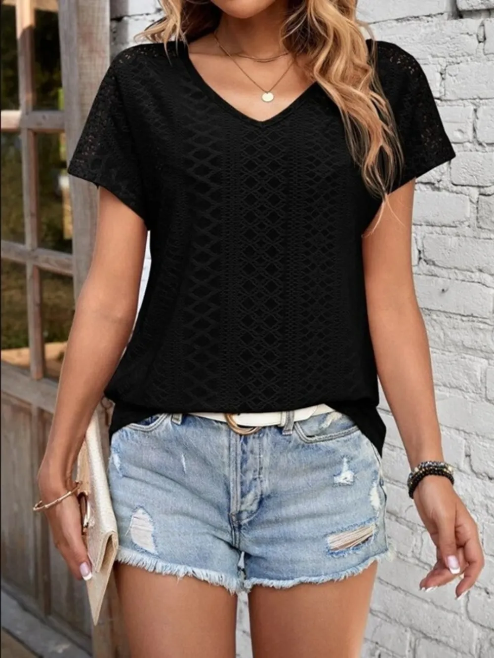 Eyelet V-Neck Short Sleeve T-Shirt, image 3