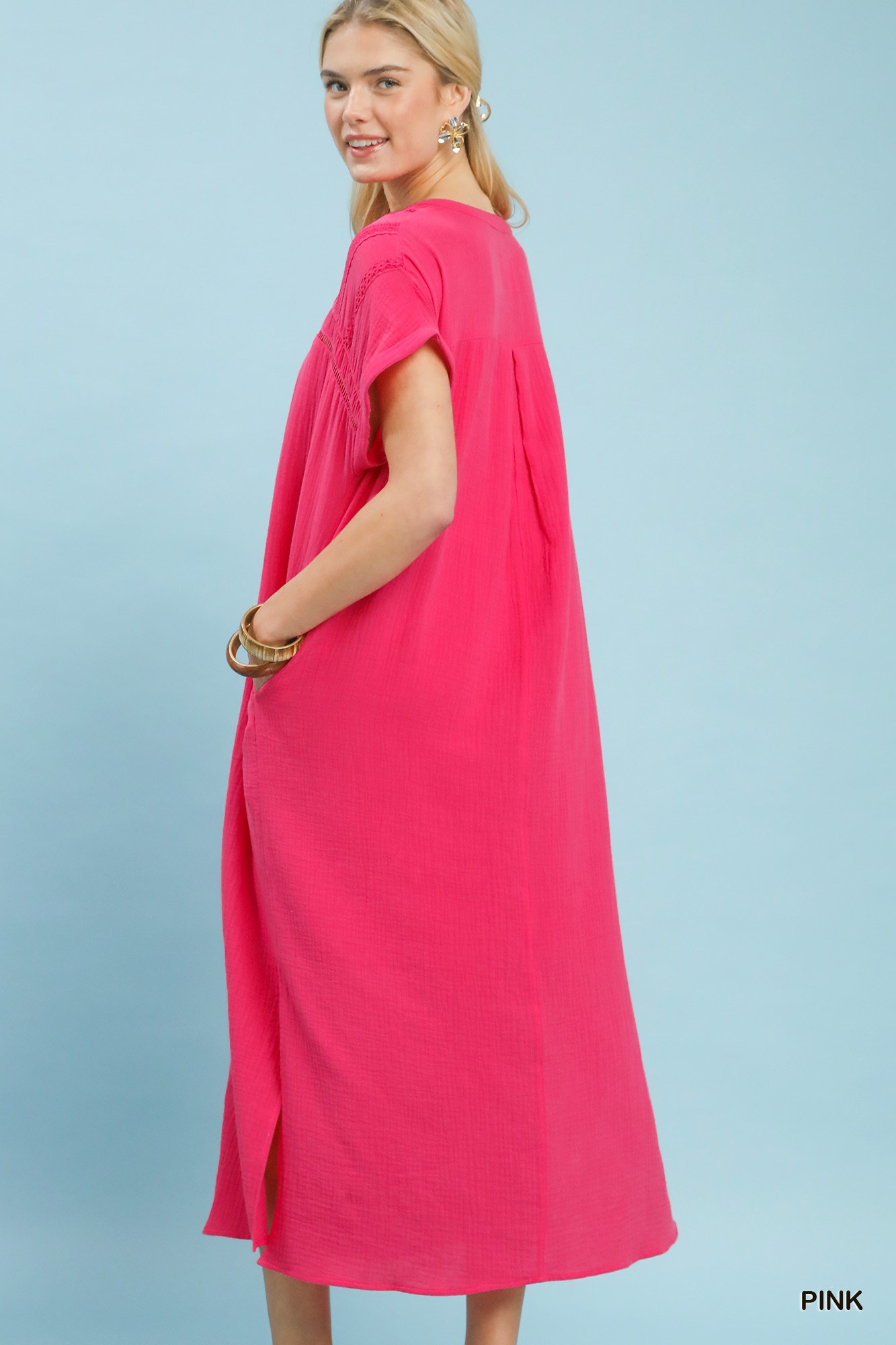 Button-Front Gauze Midi Dress with Lace Detail, image 3